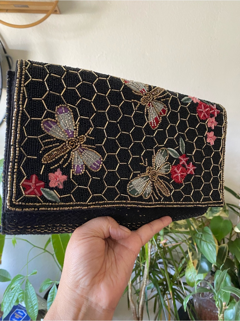 Beaded Black Floral & Bee Embellished Wristlet Clutch